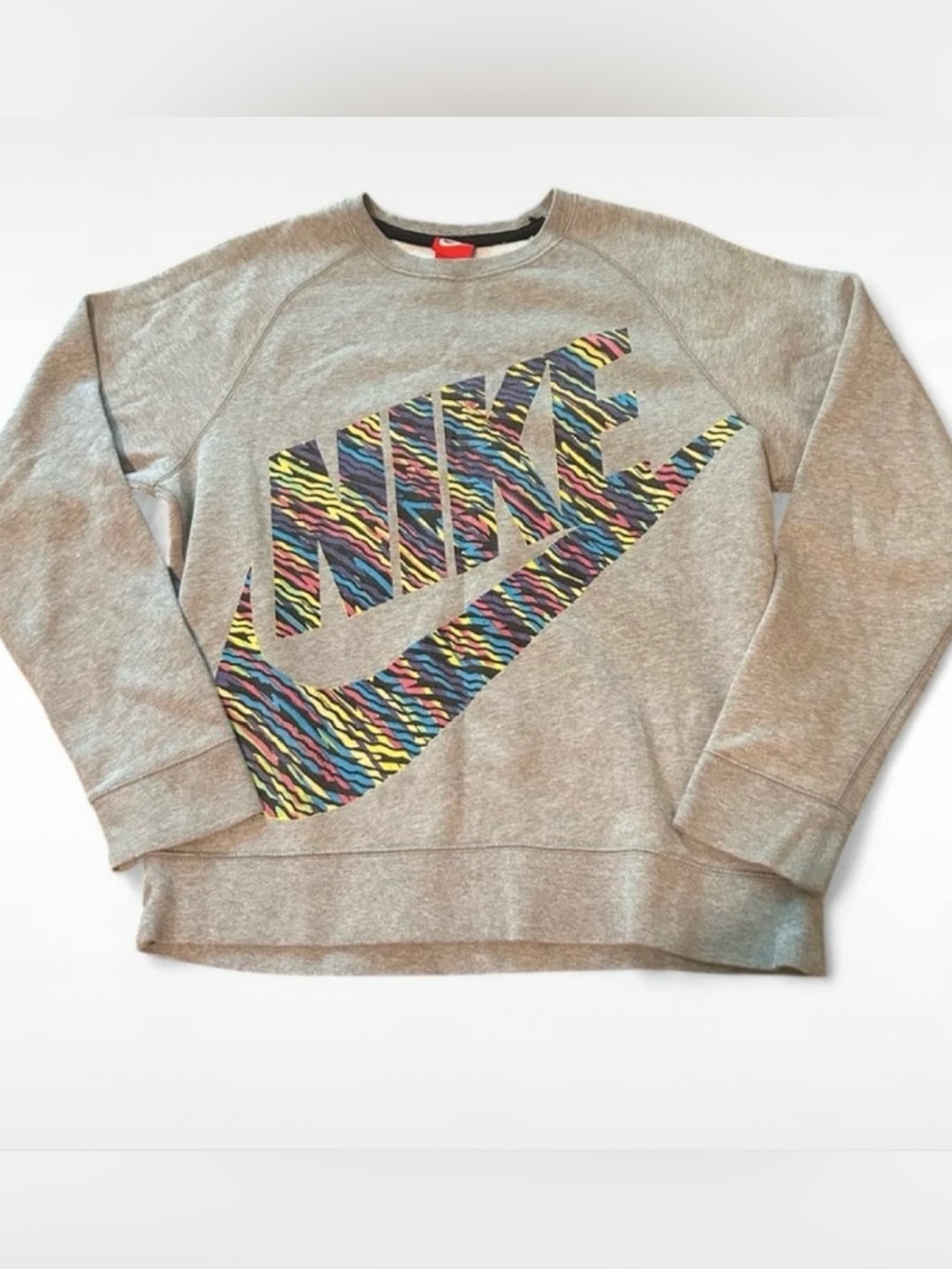 Gray Nike crewneck sweatshirt with rainbow zebra stripe Nike swoosh